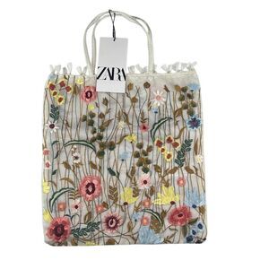 Zara Embroidered Floral Tote Bag Cream Sheer Mesh Medium